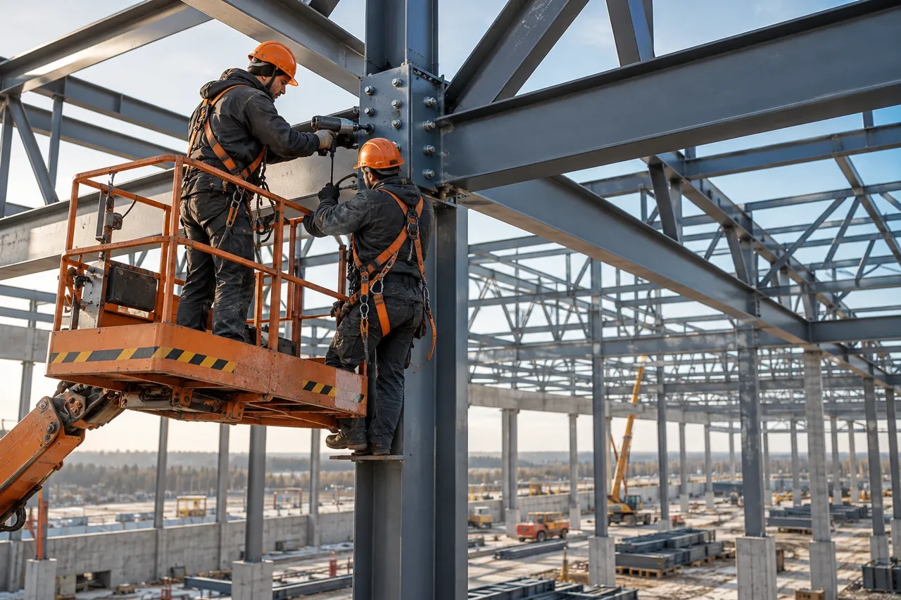 Montaż konstrukcji stalowych hali na wysokości — Wrocław